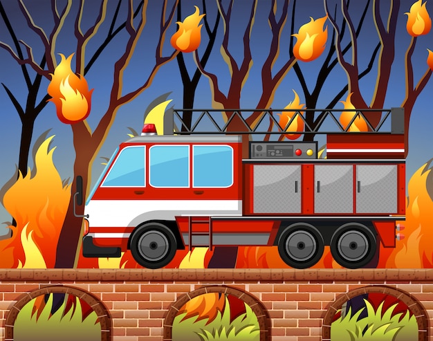 Gratis vector brandweerwagen en de wilde brand in het bos