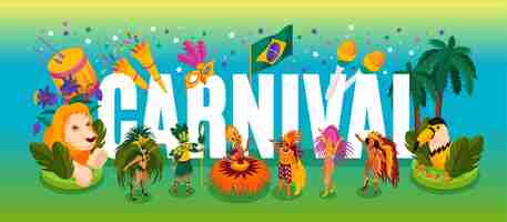 Gratis vector braziliaanse dansende carnaval isometrische concept met prestaties en leuke symbolen illustratie