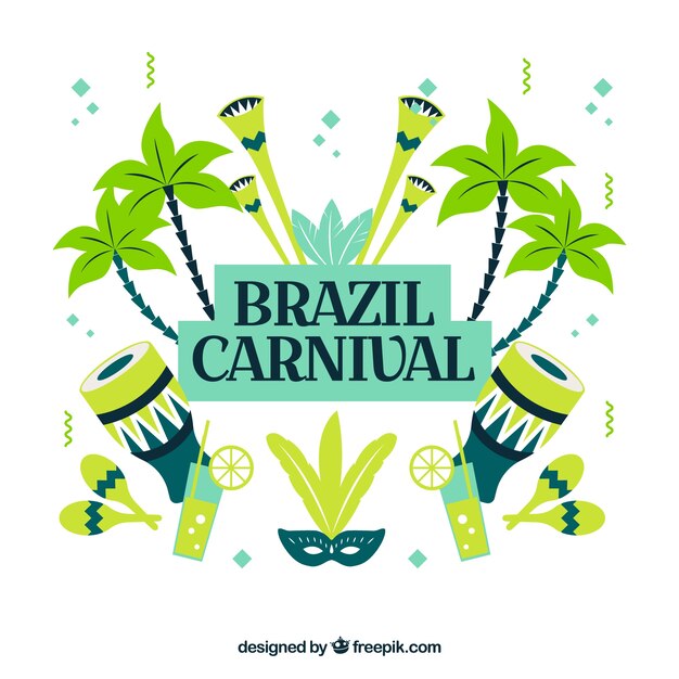 Brazilië carnaval achtergrond met palmbomen en muziekinstrumenten