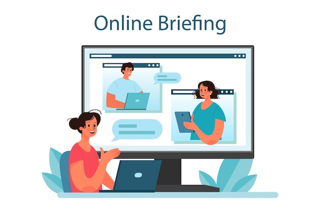 Briefing online service of platform mensen uit het bedrijfsleven met relevante informatie businessplan of analytisch rapport presenteren online briefing platte vectorillustratie