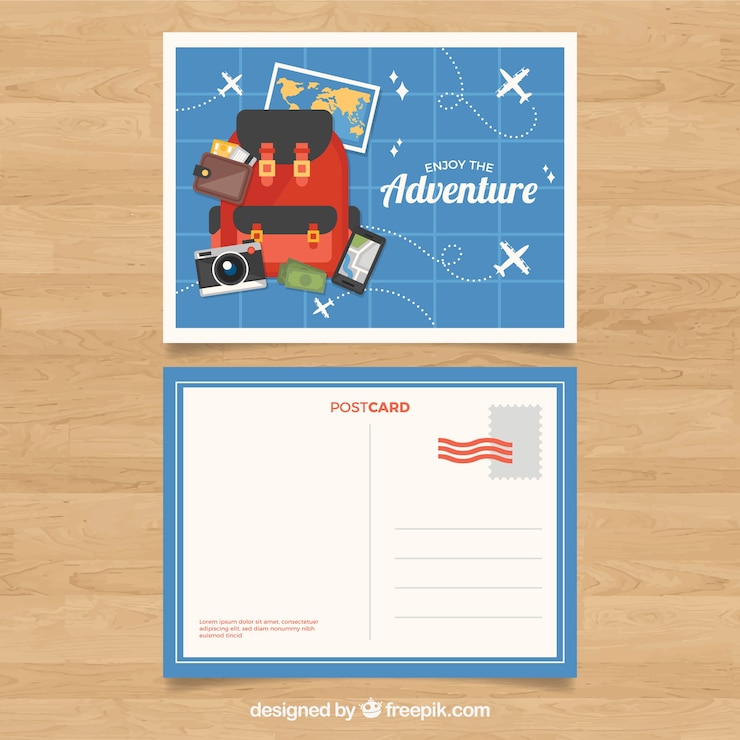 Gratis Vector briefkaartsjabloon met adventrure stijl reizen