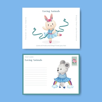Briefkaartsjabloon met fairy ballerina's dieren concept, aquarel stijl