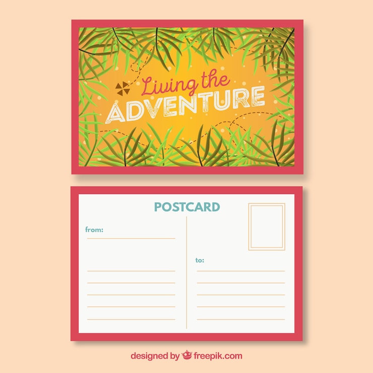 Gratis Vector briefkaartsjabloon reizen met palmbladeren