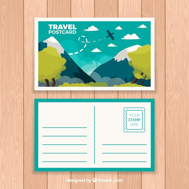 Gratis vector briefkaartsjabloon reizen met platte ontwerp