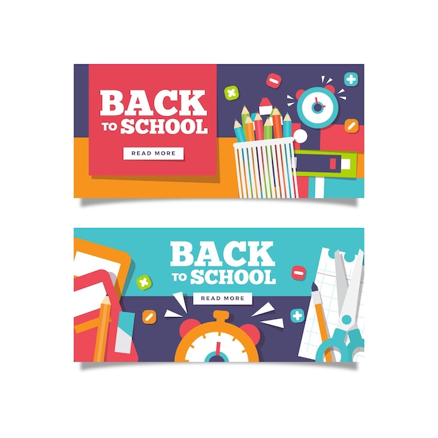 Gratis vector briefpapieraccessoires terug naar schoolbanners