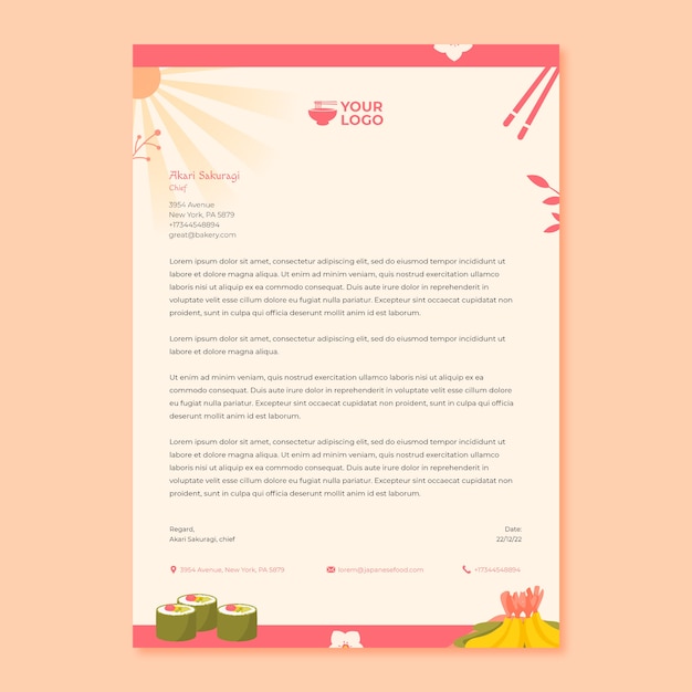 Briefpapiersjabloon voor Japans restaurant met plat ontwerp