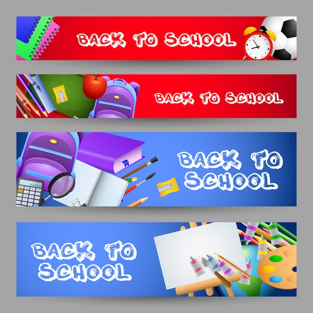 Gratis vector bright terug naar school beletteringen set, briefpapier, rugzakken