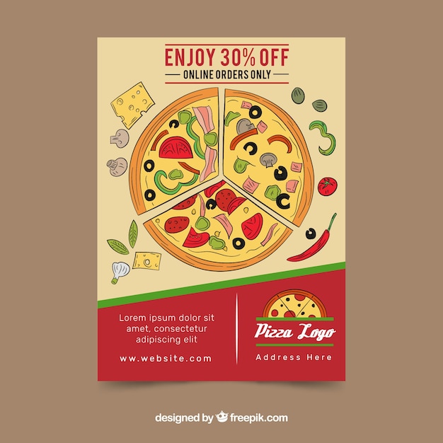 Gratis vector brochure met handgemaakte pizza