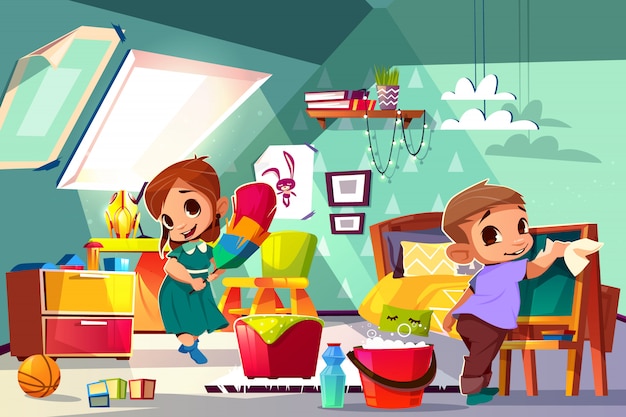 Broer en zus schoonmaken in kinderkamer cartoon illustratie met jongen en meisje tekens