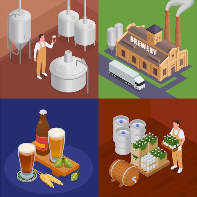 Brouwerij bouwapparatuur glazen en flessen bier isometrisch 2x2 ontwerpconcept geïsoleerde 3d-vectorillustratie