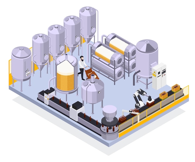 Brouwerijbierproductie isometrische illustratie met uitzicht op industriële faciliteiten geautomatiseerde lijn met flessen en arbeidersillustratie