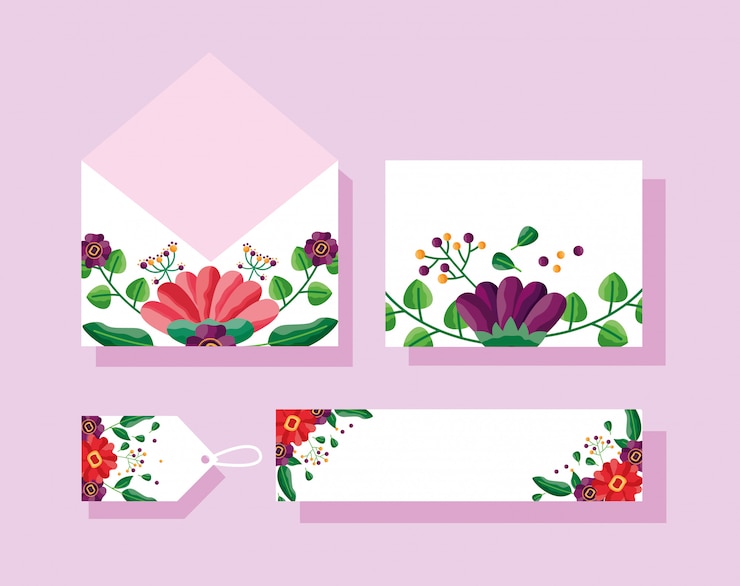 Gratis Vector bruiloft envelop, kaart, label en label met bloemen ontwerp