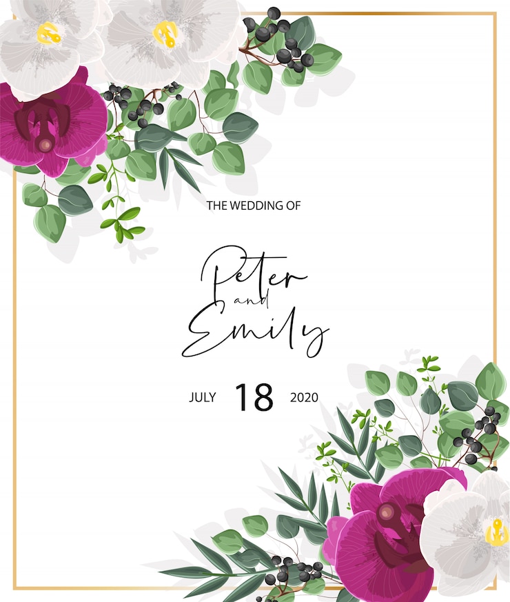 Gratis Vector bruiloft kaart met witte en paarse orchideebloemen. groene bladeren decoraties