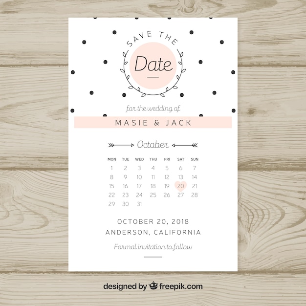 Gratis vector bruiloft kaartsjabloon met kalender