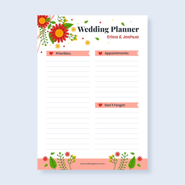 Gratis vector bruiloft planning planner sjabloonontwerp