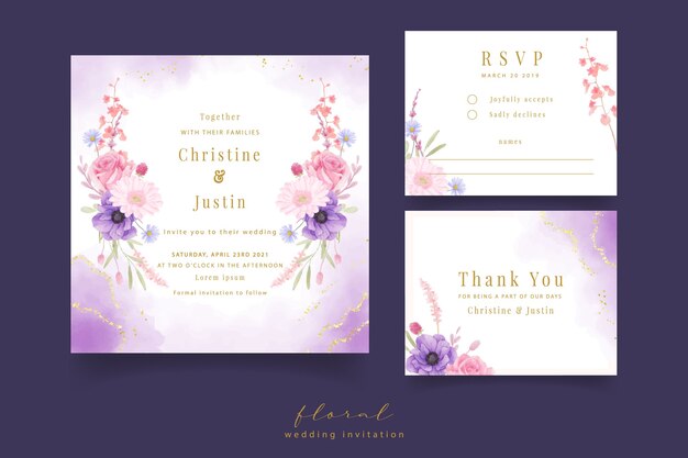 Bruiloft uitnodiging met aquarel roos, anemoon en gerbera bloemen
