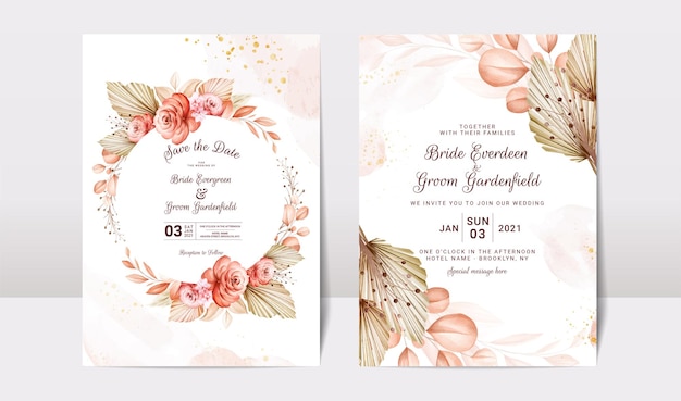Bruiloft uitnodiging sjabloon set met bruine gedroogde bloemen en bladeren decoratie gebladerte kaart ontwerp co