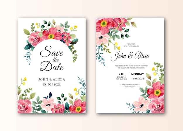 Bruiloft uitnodigingskaart met aquarel rode bloem