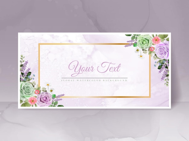 Bruiloft uitnodigingskaart met groen en paarse rozen aquarel
