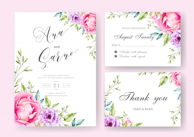 Bruiloft uitnodigingskaart met kleurrijke bloemen en bladeren