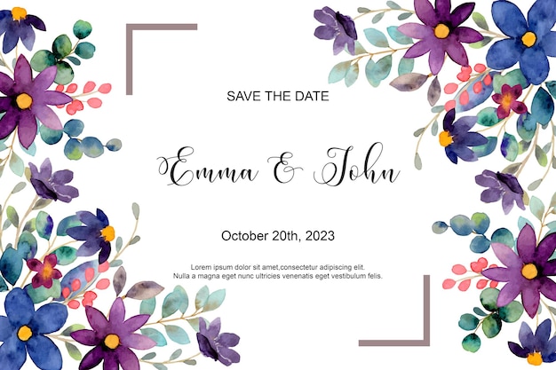 Bruiloft uitnodigingskaart met kleurrijke wilde bloemen en eucalyptus aquarel