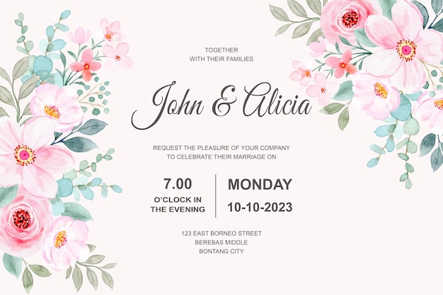 Bruiloft uitnodigingskaart met roze bloemen aquarel