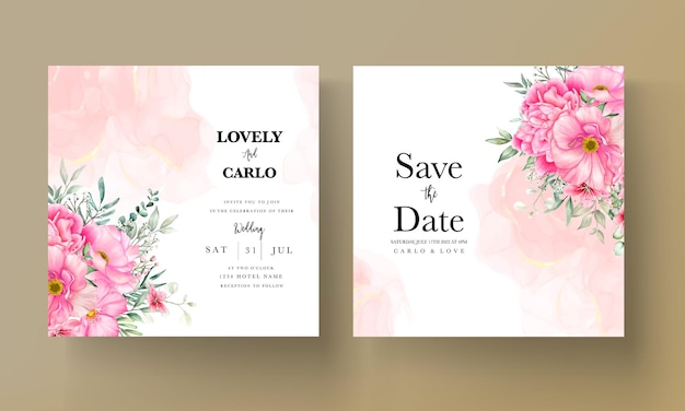 Bruiloft uitnodigingskaart set sjabloon met prachtige bloemen en bladeren aquarel