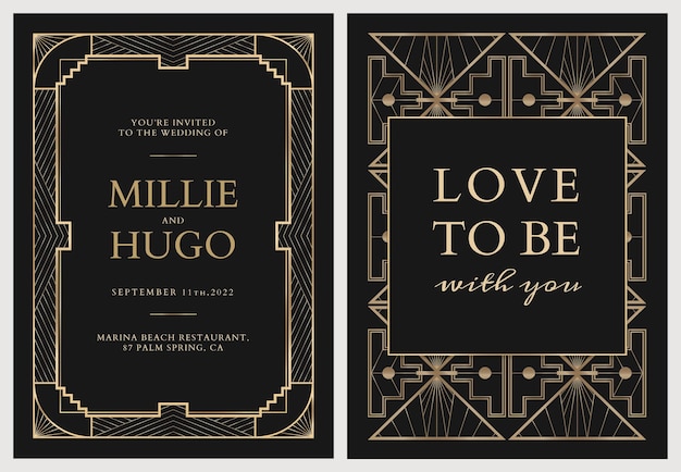 Bruiloft uitnodigingskaart vector sjabloon met geometrische art decostijl op donkere achtergrond