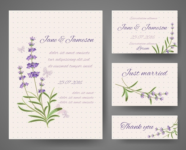 Gratis vector bruiloft uitnodigingskaarten met lavendel trossen
