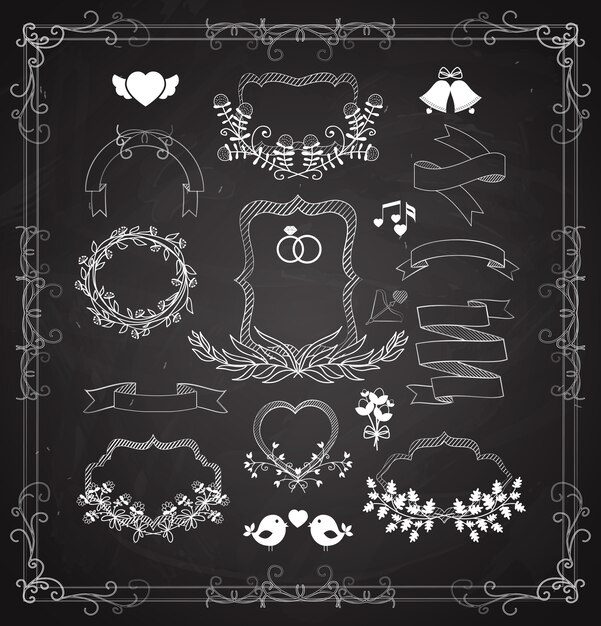 Bruiloft vector afbeeldingenset met kransen frames en linten harten klokken en vogels als ontwerpelementen voor wenskaarten en uitnodigingen in wit op zwart