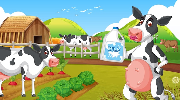 Buiten koeienboerderij scène met vrolijke dieren cartoon