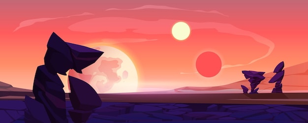 Buitenaards planeetlandschap, schemer of dageraadwoestijnoppervlak met bergen, rotsen, satelliet en twee zonnen die op oranje hemel schijnen. Ruimte buitenaardse computerspel achtergrond, cartoon vectorillustratie