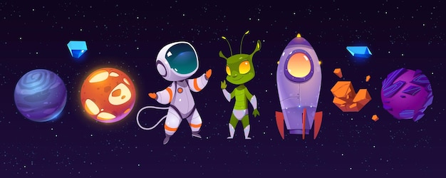 Buitenaardse planeten, astronaut, grappig buitenaards wezen en raket