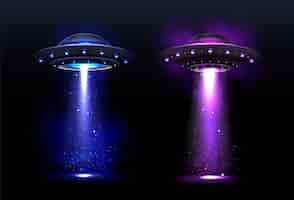 Gratis vector buitenaardse ruimteschepen, ufo met blauwe en paarse lichtstraal.