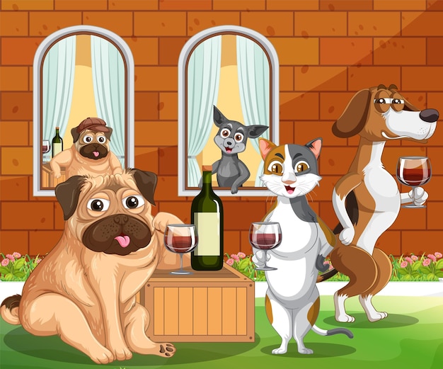 Gratis vector buitenscène met katten en honden op een wijnfeestje