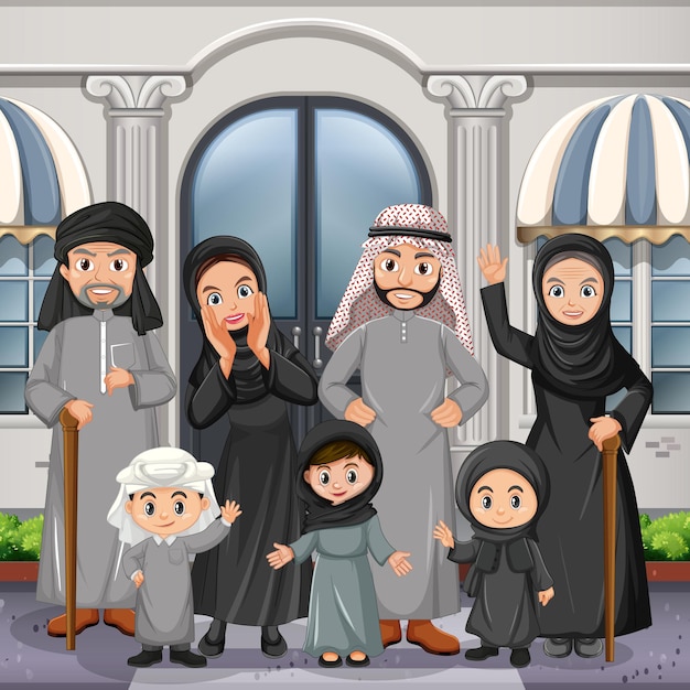 Gratis vector buitenscène met lid van arabische familie