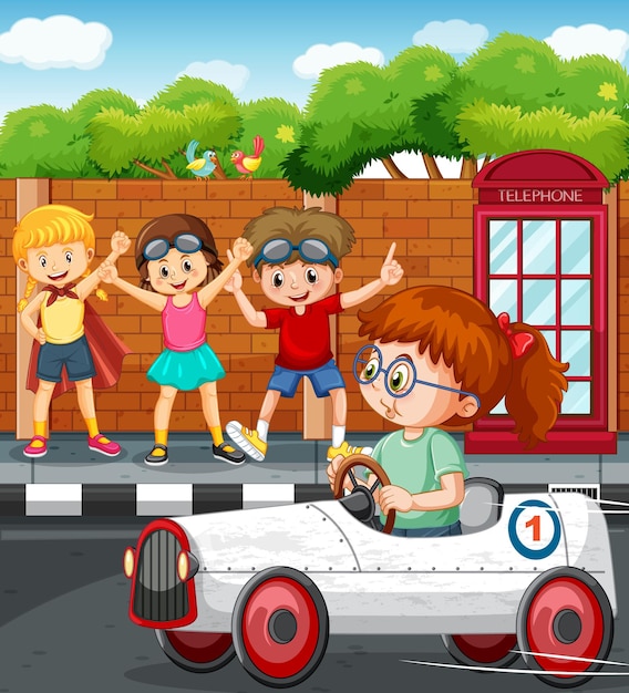 Gratis vector buitenscène met racewagen voor kinderen