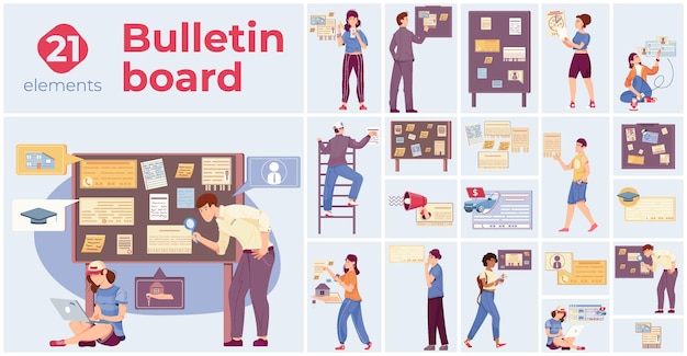 Bulletin board samenstelling set met visuele symbolen platte geïsoleerde vectorillustratie