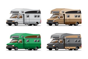 Bundel set kamperen aanhangwagens, stacaravans of caravan reizen op witte achtergrond, vlakke afbeelding