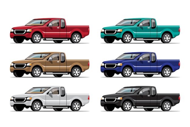 Gratis vector bundel set van multi color pick-up truck op witte achtergrond