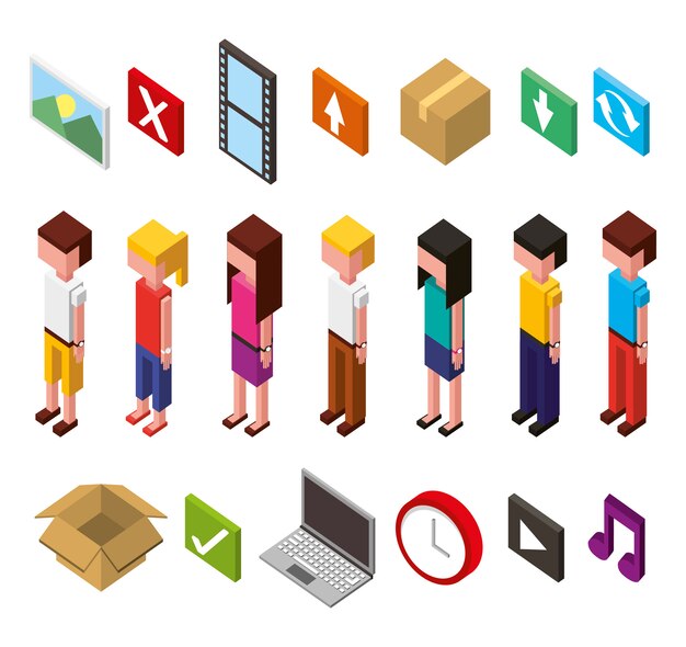 Bundel van datacenter en gebruikers avatars isometrische set pictogrammen