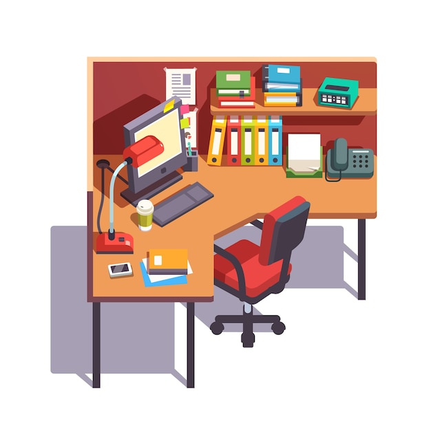 Gratis vector bureau bureau bureau met desktop computer