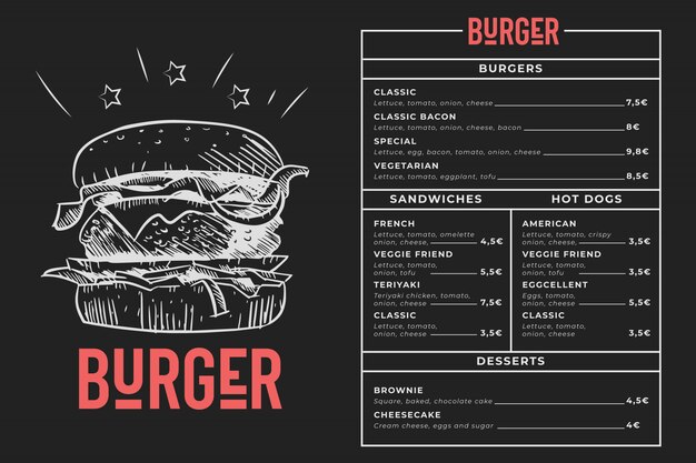 Burger menu schoolbord