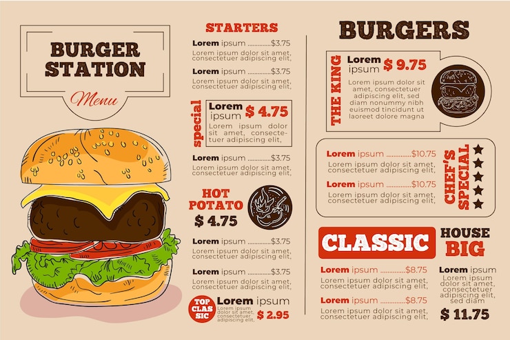 Gratis Vector burger station digitale horizontale restaurant menusjabloon