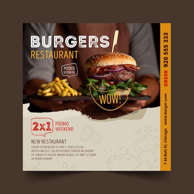 Gratis vector burgers restaurant kwadraat flyersjabloon