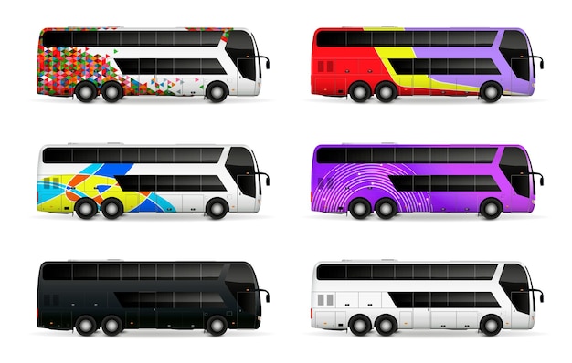 Bus realistisch model set met geïsoleerde vectorillustratie voor toeristenvervoersymbolen