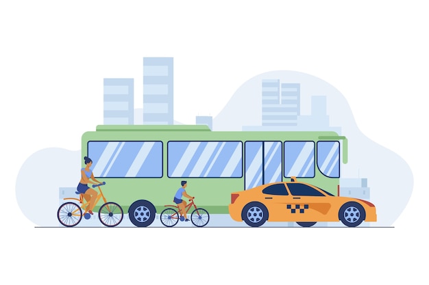 Gratis vector bus, taxi en fietser rijden op stadsweg. vervoer, fiets, auto platte vectorillustratie. verkeer en stedelijke levensstijl