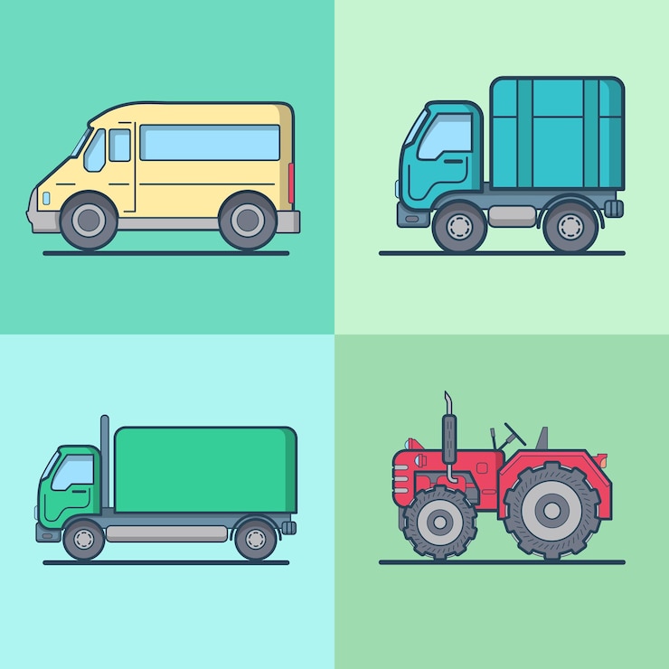 Gratis Vector bus van vrachtwagen tractor wegtransportset.