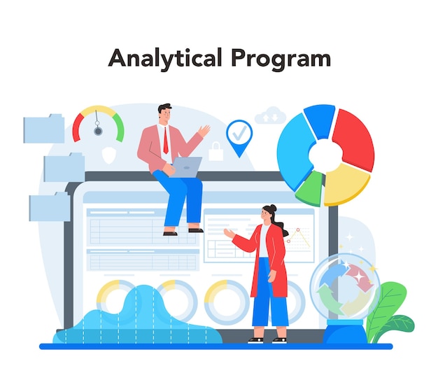 Business big data analytics online service of platform Grafiek en diagram onderzoek cloudtechnologie Marketingoptimalisatie Analytisch programma Platte vectorillustratie