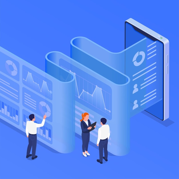 Business intelligence afdeling teamwerk data mining visualisatie analyse inzichten besluitvorming digitale symbolische isometrische achtergrond samenstelling vectorillustratie